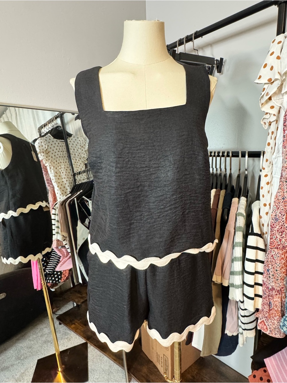 Blu Pepper Black Sleeveless Romper with Cream Scallop Trim